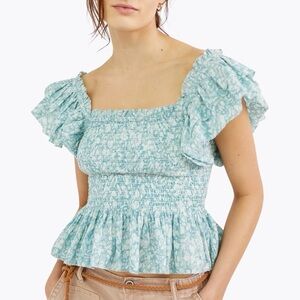 Love the Label Teal Floral Smocked Peplum Ruffle Blouse Size S Romanticore